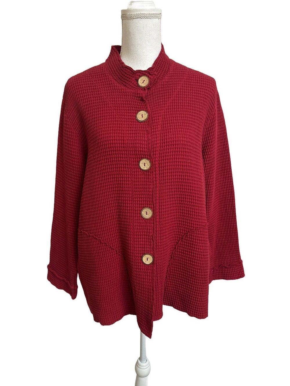 NWT Focus Casual Lifestyle Womens S Red Waffle Knit Jacket Top Lagenlook Cotton